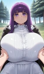 1girls :t ai_generated bangs blunt_bangs blush bra_through_clothes breasts breasts_grab daidouji_(artist) daidoujipv fern_(sousou_no_frieren) huge_breasts long_hair looking_at_viewer pout purple_eyes purple_hair solo_focus sousou_no_frieren