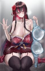 1girls bare_shoulders black_hair blue_bra blush bra bra_removed bra_tag breasts cleavage closed_eyes collarbone commentary_request commission covered_nipples floral_print floral_print_kimono flower frilled_skirt frills garter_straps hair_between_eyes hair_flower hair_ornament highres holding holding_bra holding_underwear holding_unworn_clothes huge_breasts japanese_clothes kimono long_hair multicolored_hair original presenting_bra print_kimono red_hair red_kimono red_skirt shaddoll_fusion sitting skeb_commission skirt smile solo streaked_hair tag thighs torishu_(kumataka_4867) underwear unworn_bra very_long_hair