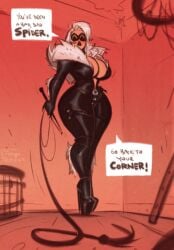 1girls 2019 artist_name black_cat_(marvel) bodysuit breasts cleavage closed_eyes deep_cleavage domino_mask english_text eyeshadow felicia_hardy female female_only femdom heels hourglass_figure huge_breasts hugotendaz latex marvel marvel_comics mask shiny_clothes sketch skin_tight solo solo_female speech_bubble spider-man_(series) superheroine text thighs tight_clothes tight_clothing unzipped_bodysuit whip white_hair