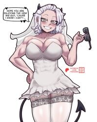 1girls alternate_version_available big_breasts blind blush breasts cleavage clothing demon demon_girl demon_horns demon_tail dress english english_text female female_only garter_straps hair helltaker holding_object horns huge_breasts justice_(helltaker) lace lace-trimmed_thighhighs legwear muscles muscular muscular_female short_dress short_hair smile solo solo_female spoken_heart sunglasses sunglasses_removed tail tehhank text thighhighs thighs veil wedding_dress wedding_veil white_dress white_hair white_thighhighs