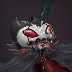 2020 after_oral ambiguous_anthro ambiguous_gender anthro arthropod bodily_fluids cape clothing cum cum_drip cum_drool cum_in_mouth cum_inside cum_on_eye cum_on_face cum_string disembodied_penis dripping drooling erection excessive_cum excessive_genital_fluids genital_fluids genitals green_penis grey_background grimm_(hollow_knight) hollow_knight insects male male/ambiguous male_focus male_only open_mouth oral_invitation penis pull_out pupils red_eyes red_sclera saliva saliva_on_penis simple_background slit_pupils solo_focus team_cherry tohjoma tongue tongue_out