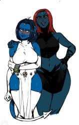 2girls arm_around_shoulders bimbosparkle blue_hair blue_lipstick blue_skin blush blush_lines breasts clenched_hand costume costume_switch devil_tail earrings embarrassed exposed_thighs female female_only genderswap_(mtf) hoop_earrings huge_breasts huge_hips marvel marvel_comics milf mother_and_daughter mutant mutant_(marvel) mystique navel nightcrawler pierced_ears piercing red_hair rule_63 sweat sweatdrop tail thick_thighs thighhighs thighs x-men yellow_eyes yellow_sclera