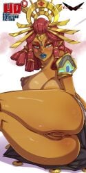 1girls anus blue_lipstick blush breasts breath_of_the_wild dark-skinned_female dark_skin female kamina1978 nipples pussy red_hair riju solo the_legend_of_zelda
