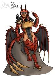 1girls armor armored_female blindfolded bottomless claws clothed clothing demon demon_girl demon_humanoid dragon dragon_girl dualwing female female_only freckles freckles_on_face freckles_on_thighs horn horned_humanoid horns igna_(dualwing) membrane_(anatomy) membranous_wings monster monster_girl oc original original_character red_hair scales sharp_teeth wings