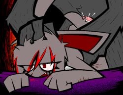 alternative_fashion ambiguous_gender ambiguous_penetration ambiguous_species anthro bent_over big_dom_small_sub bloodbat bodily_fluids breath collar cum cum_inside dominant duo emo eye_bags eye_through_hair eyeliner fangs fist fur furniture genital_fluids genitals grabbing_body grabbing_hair grey_body grey_fur hair hand_on_head lagomorph leporid long_ears makeup male male/ambiguous mammal on_table panting penetration penis pink_penis rabbit red_eyes scar self-harm_scars short_tail size_difference smile spiked_collar spikes table tail teeth translucent translucent_hair violet_redfern