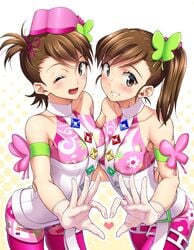 2girls aya_shachou bare_shoulders bodypaint breast_press breasts brown_eyes brown_hair clothing futami_ami futami_mami gloves hat idolmaster multiple_girls nipples painted_clothes pantyhose princess_melody_(idolmaster) short_hair shorts siblings side_ponytail smile sweat twins wink