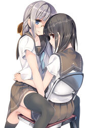 2girls black_hair black_legwear blue_eyes blush chair cowgirl_position female fingering glasses grey_hair hair_ribbon hug long_hair looking_at_viewer looking_back multiple_girls paseri red_eyes ribbon school_uniform shy silver_hair sitting skirt smile socks straddle thighhighs torso_grab upright_straddle yuri