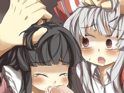 2girls black_hair blush bow closed_eyes collaborative_fellatio crying cum empty_eyes fellatio femsub forced fujiwara_no_mokou gaoo_(frpjx283) hairbow holding_hair irrumatio kaguya_houraisan licking long_hair multiple_girls multiple_subs oral penis rape red_eyes saliva_strand sweat tear tongue touhou white_hair wince