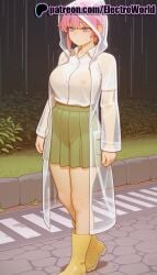 1girls 2025 ai_generated artist_name blue_eyes boots breasts breasts breasts bust chest electroworld exposed_nipples female go-toubun_no_hanayome hi_res high_quality high_resolution highres nakano_ichika nipples nipples_outside patreon patreon_username pink_hair pleated_skirt rain raincoat see-through shirt skirt solo stable_diffusion watermark wet wet_clothes wet_shirt