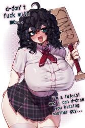1girls 2d 2d_(artwork) ahoge big_breasts black_eyes black_hair black_nails blue_eyes breasts curly_hair dialogue embarrassed female glasses hagoita paddle renata11033 school_uniform spiral_eyes text thick_thighs thighhighs