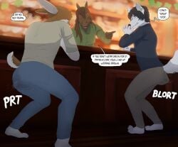 accident anthro bar canid canine canis centzon crouching dandarkheart dialogue embarrassed equid equine feces group humiliation jager-darklite jager_(jager-darklite) lagomorph leporid male mammal public rabbit soiling soiling_underwear trio wolf
