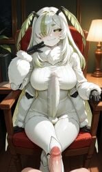 ai_generated antennae_(anatomy) big_breasts big_futa breasts bug bug_girl bulge_through_clothing cock_size_difference dominant_female female female_dominating_male femdom futanari intersex juniper_(egocider) juniper_actias male penis penis_pressed_against_chest seated self_boobjob size_comparison size_difference vtuber white_hair