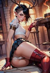ai_generated antlers artaiminer black_hair elf_ears eye_contact female gloves pixie_cut red red_eyes red_gloves seductive_expression short_hair smirk smug_expression teasing usebackdooronly