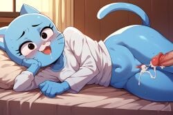 1boy :3 after_sex ai_generated animal_ears ass balls bed bed_sheet black_eyes blue_hair blue_skin blush bottomless breasts breath cat_ears cat_girl cat_tail clock collarbone cum cum_in_pussy disembodied_penis drooling ejaculation erection fangs feline female freckles furry half-closed_eyes heavy_breathing indoors looking_at_viewer lying male monster_girl mouth_drool navel nicole_watterson nose_blush oerba_yun_fang on_bed on_side on_stomach open_mouth penis pillow pussy saliva shiny shiny_skin shirt short_hair smile solo solo_focus straight sweat tail tears testicles the_amazing_world_of_gumball tongue tongue_out uncensored white_shirt window