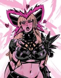 armor belly bimbo bimbo_lips bimbofication blush brain_drain breasts exposed_midriff female heart heart_symbol hourglass_figure huge_breasts hypnosis magik_(illyana_rasputin) magik_(marvel_rivals) marvel marvel_rivals mind_control navel pink_eyes pursed_lips simple_background unseen_character unseen_female