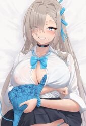 1girls asuna_(blue_archive) asuna_(school_uniform)_(blue_archive) black_skirt blonde_hair blue_archive blue_bra blue_eyes blue_panties blue_ribbon blush bra breasts button_gap choker cleavage collared_shirt covered_nipples dress_shirt grin hair_over_one_eye hair_ribbon halo highres large_breasts long_hair looking_at_viewer panties panty_peek pleated_skirt removing_bra_under_shirt ribbon scrunchie shirt silver_bullet_(ecc12_8) skirt skirt_lift sleeves_rolled_up smile solo underwear very_long_hair white_shirt wrist_scrunchie