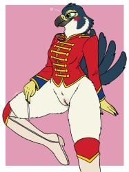 aroused avian bird blush bodily_fluids boots bottomless clothed clothing conducting_baton falcon falconid female fish_birb footwear genital_fluids genitals hi_res katie_(fish_birb) marching_band marching_band_uniform name_tag peregrine_falcon shoes solo uniform vaginal_fluids vulva