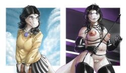 absurd_res anthro armwear belly big_breasts black_hair bondage bottomwear breasts chubby_pussy clothing dominant dominant_female dungeon female gloves hair handwear harness harness_only hi_res humanoid latex latex_armwear latex_clothing latex_gloves latex_handwear latex_legwear latex_stockings latex_thigh_highs legwear looking_at_viewer looking_pleasured maya_bladewing_(artist) paddle painting_(artwork) purple_lighting reptile scales scalie seducing_viewer seductive shy skirt slightly_chubby snake solo stockings submissive submissive_female sweater thick_thighs thigh_highs topwear whip white_body white_scales