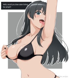 1girls arm_up armpit_licking armpits artist_name big_breasts bikini bikini_pull bikini_top_pull black_bikini black_hair breasts busty clothes_pull female female_only green_eyes hair_over_one_eye highres infinite_moppy large_breasts licking licking_armpit long_hair looking_at_viewer naughty_face navel nipples one_breast_out open_mouth presenting_breasts pulled_by_self saliva saten_ruiko sensual sexy sideboob solo swimsuit teeth to_aru_kagaku_no_railgun to_aru_majutsu_no_index tongue tongue_out voluptuous