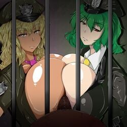 1boy 2girls blonde_hair breast_press breasts dark-skinned_female dark-skinned_male dark_skin double_paizuri female ffm_threesome green_hair highres huge_breasts human interracial light-skinned_female light_skin male marisa_kirisame multiple_girls paizuri penis police police_uniform prison sahei straight tan_skin threesome touhou uniform yuka_kazami