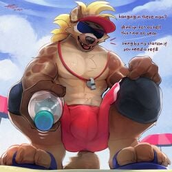 abs anthro balls_outline beach black_nose bulge butt_outline claws clothed clothing crouching detailed_bulge dialogue eyewear flip_flops footwear forsburn fur genital_outline hi_res hyena lifeguard lifeguard_swimsuit looking_at_viewer low-angle_view male mammal markings nopetrol outside penis_outline rivals_of_aether sandals shoes solo spots spotted_body spotted_fur spotted_hyena sunglasses toe_claws topless topless_male whistle_(object)