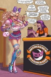 1boy 1girls anklet apron bimbo bimbofication blonde_hair blush blush breast_expansion breasts breasts_bigger_than_head brown_eyes bulge bulge_under_clothes candy corset crossdressing dovsherman earrings embarrassed employee employee_uniform english english_text feminization frilled_skirt frills green_eyes halloween halloween_pumpkin halloween_theme heels hoop_earrings huge_breasts latex lipstick makeover makeup multicolored_nails patreon patreon_url patreon_username pink_eyeshadow pink_lipstick pink_nails price purple_hair purse red_lipstick ring shocked speech_bubble text thigh_highs