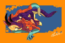 abstract_background airless airless_(character) bite couple doggy_style dragon duo ear_biting female feral feral_on_feral from_behind furred_dragon horn katsumi male open_mouth penetration sex straight tongue webbed_feet