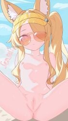 absurdres animal_ear_fluff animal_ears blonde_hair blue_archive breasts cleft_of_venus collarbone commentary completely_nude english_commentary fei_ciyu female fox_ears fox_girl hair_over_one_eye highres long_hair looking_at_viewer navel nipples nude official_alternate_costume orange-tinted_eyewear parted_lips pussy seia_(blue_archive) seia_(swimsuit)_(blue_archive) side_ponytail small_breasts solo spread_legs sunglasses tinted_eyewear uncensored visor_cap yellow_visor