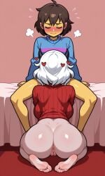 ai_generated ass bottomless crossover feet frisk helltaker implied_oral modeus_(helltaker) pussy size_difference undertale