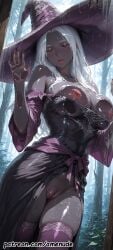 1girls ai_generated amenude_ai big_breasts blush breast_on_glass breasts dark-skinned_female dark_forest expressionless female forest hi_res high_quality high_resolution long_hair nipples on_glass patreon phone_wallpaper purple_eyes purple_hat purple_stockings pussy recluse_(nightreign) stockings thick_thighs thighs uncensored watermark white_hair witch witch_hat