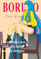 2girls ada_(boruto) between_legs blonde_hair blue_hair blunt_bangs boots boruto:_naruto_next_generations boruto:_two_blue_vortex chair closed_eyes clothed_sex clothing commentary copyright_name cunnilingus delta_(boruto) dress duo_focus earrings english_text faceless_female female female/female female_focus female_only head_grab high_heels high_resolution implied_cunnilingus kneeling licking_pussy lipstick moaning mole mole_under_eye multicolored_hair multiple_girls naruto naruto_(series) optimystic oral oral_sex pants shorts sitting spread_legs sweater table testicles two_tone_hair yuri