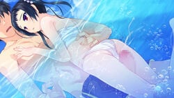 2boys aogiri_penta ass between_thighs black_hair blush cum femboy fundoshi josou_kaikyou male male_only munakata_meguru ocean penis red_eyes rubbing tied_hair trap twintails underwater water yaoi