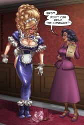 1boy 2girls big_hair black_hair blonde_hair blue_eyes blue_eyeshadow blush bodysuit boob_window breasts cleavage contract crossdressing crossdressing_male dovsherman dress eyeshadow fake_breasts feather_duster feminization feminized_male gloves green_eyes heels hobble_dress huge_breasts latex lipstick maid maid_apron maid_headdress maid_uniform makeup necklace patreon patreon_url patreon_username red_lipstick web_address