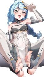 absurdres ahoge aqua_eyes aqua_hair armpit_crease blush braid breasts chinese_commentary clothing_cutout covered_nipples cum cum_on_body cum_on_feet elbow_gloves feet feibai female gloves hair_ornament hairclip heart heart-shaped_pupils heavy_breathing highres knees_apart_feet_together long_hair mole mole_on_shoulder nail_polish salute see-through_dress_layer seed_(zenless_zone_zero) side_cutout simple_background sitting small_breasts soles solo steaming_body stirrup_legwear sweat symbol-shaped_pupils toeless_legwear toenail_polish toenails toes tongue tongue_out variant_set white_background yellow_nails zenless_zone_zero