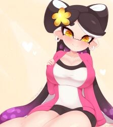 1girls 2022 artist_name artist_signature blush breasts callie_(agent_1_casual) callie_(splatoon) earrings female infamousavage large_breasts looking_at_viewer shorts splatoon tentacle_hair thick_thighs two_tone_hair yellow_eyes