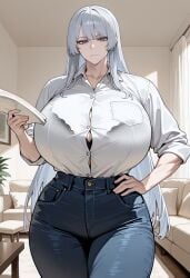 ai_generated ak-15_(girls'_frontline) bangs black_bra bra bra_through_clothes breasts button_gap collared_shirt curvy denim eyebrows_visible_through_hair female gigantic_breasts girls'_frontline hand_on_hip indoors jeans long_hair looking_at_viewer muscular muscular_female pants plant pruple_eyes purple_eyes see-through self_upload shirt silver_hair takaman_(gaffe)_(style) thick_thighs thighs underwear very_long_hair white_shirt