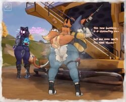 anal anal_sex anthro anus armor ass backsack balls bear bent_over big_breasts big_butt bodily_fluids bottomwear breasts calico_cat canid canine cate_meowdy cate_meowdy_(fortnite) clothing collar denim denim_bottomwear denim_clothing dialogue domestic_cat english_text epic_games felid feline felis female fingerless_gloves footwear fortnite fox from_behind_position fur fuzzycreature gauntlets genital_fluids genitals gloves group gun handwear hi_res holding_gun holding_object holding_ranged_weapon holding_weapon hood huge_breasts huge_butt jeans larger_anthro larger_female larger_penetrated male male/female mammal pants penetration penile penile_penetration penis penis_in_ass perching_position plap purple_body purple_eyes purple_fur pussy ranged_weapon raven_team_leader sex shoes short_tail size_difference spiked_collar spikes standing standing_sex tail text thick_thighs topwear torn_bottomwear torn_clothing torn_jeans torn_pants vaginal_fluids vest vulva weapon