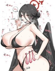 1girls areola_slip bikini black_bikini black_hair blue_archive blush breasts choker cleavage condom condom_packet_strip cowboy_shot fellatio_gesture hair_between_eyes hair_bun halo hasumi_(blue_archive) hasumi_(swimsuit)_(blue_archive) heart horn/wood huge_breasts japanese_text looking_at_viewer low_ponytail navel official_alternate_costume red_eyes seductive_look simple_background solo solo_female speech_bubble steam stomach sweat swimsuit underwear used_condom very_long_hair white_background wings writing writing_on_thigh