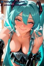 1girls ai ai_assisted ai_generated anime aqua_eyes aqua_hair aqua_necktie artist_name bare_shoulders black_skirt black_sleeves blush breasts closed_mouth collarbone detached_sleeves dibzprintz fansly grey_shirt hair_between_eyes hair_ornament hatsune_miku hi_res high_quality high_resolution highres leaning_forward long_hair looking_at_viewer medium_breasts miniskirt mole necktie nipples no_bra one_breast_out patreon_username pleated_skirt shirt skirt sleeveless sleeveless_shirt smile solo sweat tattoo thighhighs twintails very_long_hair vocaloid watermark