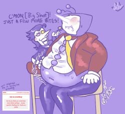 2boys belly big_belly black_coat black_hair black_pants black_sweater blush blushing chair cheek_spots chubby chubby_male coat creaking creaks crt deltarune dialogue dominant_male dress_shirt fat fat_fetish feederism feeding feedism gay gay_male gloves groaning_belly gurgle gurgling gurgling_belly gurgling_noise lavender_background long_nose male messy_hair notsoslyfox pants purple_background red_coat request self_upload shaggy_hair sharp_nose shiny_belly shiny_clothes shiny_pants sitting sitting_on_chair small_dom_big_sub spamton_g_spamton strawpage_request submissive_male suit suit_and_tie sweat sweating sweaty sweaty_belly sweaty_face tenna_(deltarune) text tie tight_clothes tight_clothing tight_fit tight_outfit tv tv_head wardrobe_malfunction weight_gain white_dress_shirt white_gloves yellow_tie