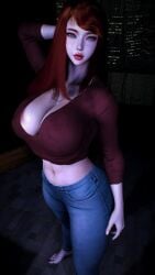 1girls 3d 4k alternate_hairstyle alternative_hairstyle apartment aqua_eyes areola_peek areolae belly belly_button big_breasts big_lips breasts breasts_bigger_than_head chromatic_aberration crashbanditkut eyelashes female female_focus fit fit_female hair hand_behind_head hi_res high_resolution highres jeans light-skinned_female light_skin lips long_eyelashes long_hair looking_at_viewer mizukage muscular nails naruto naruto_(series) naruto_shippuden navel red_hair red_lipstick ring shirt solo terumi_mei thick_thighs thighs toe_ring toenail_polish virt-a-mate virtamate wedding_ring