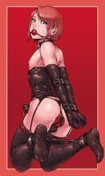 1boy aian anal anal_fluid anal_object_insertion arms_behind_back ass back ball_gag bare_shoulders black_choker black_garter_straps black_panties black_thighhighs blush choker covered_penis covered_testicles crossdressing crossdressing_(mtf) dildo drooling elbow_gloves erection gag garter_straps gloves green_eyes hair_behind_ear kneeling latex latex_gloves latex_legwear legs_together looking_at_viewer male_focus male_penetrated nipples object_insertion original panties penis penis_collar penis_sheath red_hair restrained saliva sex_toy short_hair side_part skindentation solo spreader_bar straight_hair strap string_panties sweat tearing_up teeth testicles thighhighs thighs trap underbust underwear upper_teeth_only