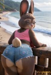 ai_generated animated anthro ass big_butt bonnie_hopps bottomwear bubble_butt clothing curvaceous curvy_figure cutoffs denim denim_clothing disney female furry huge_butt lagomorph leporid looking_at_viewer mammal mature_female narrowed_eyes overweight rabbit rear_view seaside shaking_butt shirt shorts solo tagme tank_top teasing topwear video video vlrgromns voluptuous zootopia