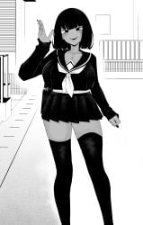 ankoman background big_ass big_breasts black_and_white black_nails black_sailor_collar black_thighhighs blush breasts clothed edit edited female female_only ghost ghost_girl greeting japanese_clothes manga_style miniskirt original_character sailor_uniform school_bag school_uniform schoolgirl smug tanned_skin textless thighhighs