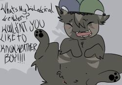 ambiguous_gender anus arthur_(mewgenics) artienvy blush brown_body brown_fur closed_eyes clothing dialogue domestic_cat felid feline felis feral fool's_hat fur handwritten_text hat head_tuft headgear headwear hi_res lying mammal mewgenics multi_nipple nipples null on_back pawpads paws solo speech_bubble spread_legs spreading striped_body striped_ears striped_fur stripes text tuft