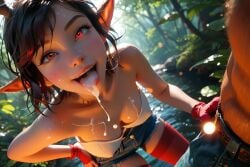 ai_generated antlers black_hair cowgirl cum_in_pussy cum_inside elf_ears eye_contact female forward_facing missionary_position on_top pixie_cut pussy red red_eyes riding short_hair spread_legs straddling usebackdooronly vaginal_penetration zombiegamerist
