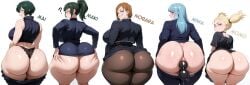 2d 5girls ai_generated ass ass_bigger_than_head ass_chart ass_comparison ass_focus big_ass big_breasts big_butt blonde_hair blue_hair blush breasts brown_hair bubble_ass bubble_butt daidouji_(artist) daidoujipv fat_ass female female_only green_hair huge_ass huge_butt jujutsu_kaisen kasumi_miwa kugisaki_nobara multiple_girls nishimiya_momo pants_down partially_clothed red_hair showing_ass zenin_mai zenin_maki