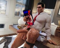 1boy 3d 3d_(artwork) 3d_artwork balls batman_(bruce_wayne) censored censored_genitalia censored_penis clark_kent dc deathstroke erect erect_cock erect_dick erect_penis erection foreskin gay glasses hairy_legs hanging_balls heavy_balls looking_at_magazine magazine male male_only nightwing no_pants no_underwear office office_clothing pantless pants_on_floor penis porn_magazine pubes shiny_body socks_on solo solo_male superman superman_(clark_kent) sweaty_body tie uncircumcised uncircumcised_penis white_shirt yaoi zireael zireaelwow