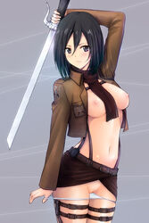 1girls arm_behind_head arm_over_head attack_on_titan belly beltskirt black_hair blush breasts brown_jacket brown_skirt buckle female female_only hairless_pussy highres hourglass_figure jacket kuruto long_sleeves looking_at_viewer medium_breasts mikasa_ackerman navel panties pulling_panties purple_eyes pussy scarf short_hair small_breasts solo sword thigh_strap underwear undressing vagina weapon white_panties