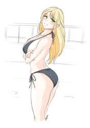 :d ass azurcentauri bikini black_bikini black_swimsuit blonde_hair breast_hold breasts cleavage crossed_arms derivative_work female female green_eyes high_resolution large_breasts long_hair looking_back mole mole_under_eye open_mouth original reference_photo_request side-tie_bikini smile solo swimsuit very_high_resolution